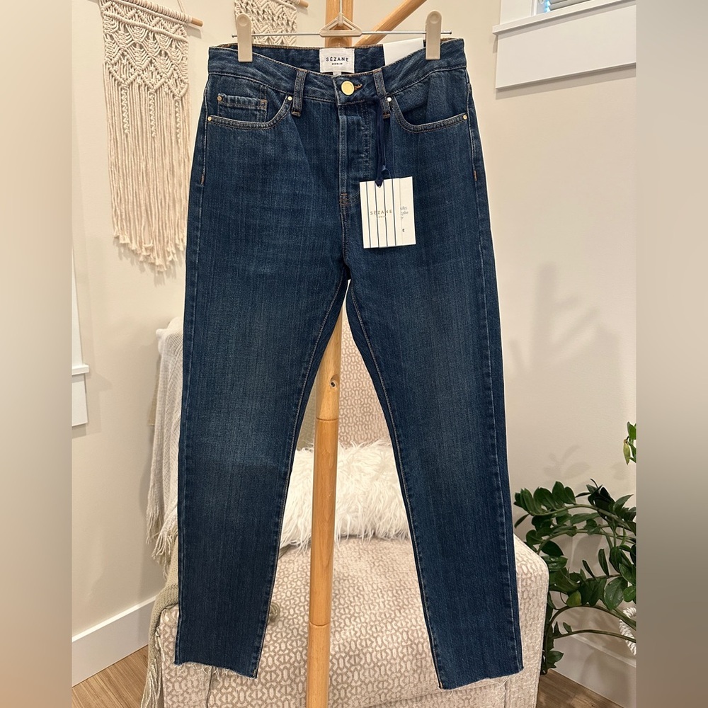 Sézane Denim Jeans 27 Straight Leg, Ankle, Raw Hem Button Fly Blue